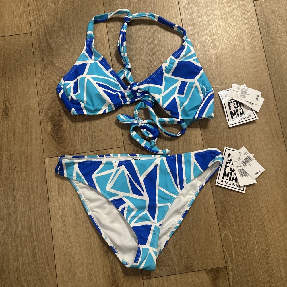 California Sunshine Junior's 2 Pc Bikini Swim Suit Large Geometric‎ Blue NWT